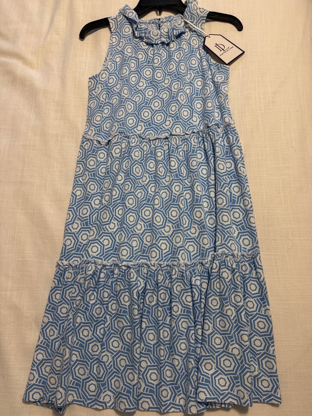 Duffield Lane Blue & White Geometric Ruffle Tiered Mini Dress